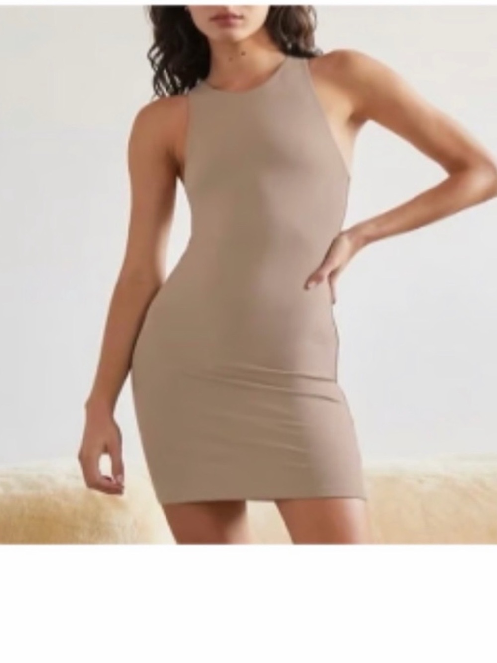 Aritzia Taupe High-Neck Bodycon Mini Dress